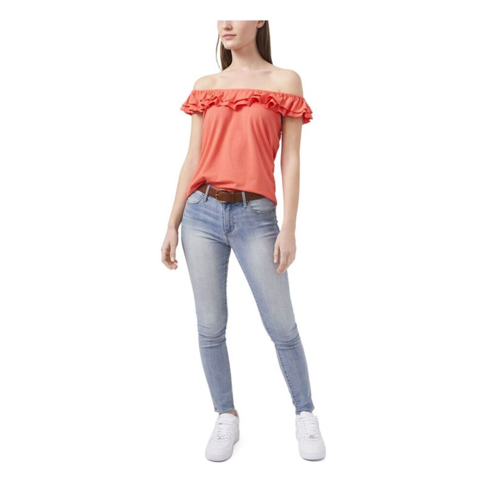 RILEY&RAE Womens Coral Stretch Ruffled Flutter Sleeve Off Shoulder Top XXL